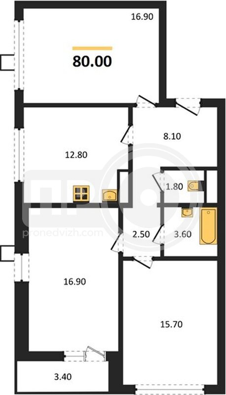 3-комнатная квартира, 80кв.м