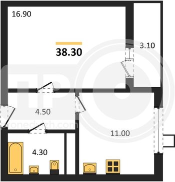 Миниатюра 1-комнатная квартира, 38.3кв.м