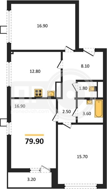 3-комнатная квартира, 79.9кв.м