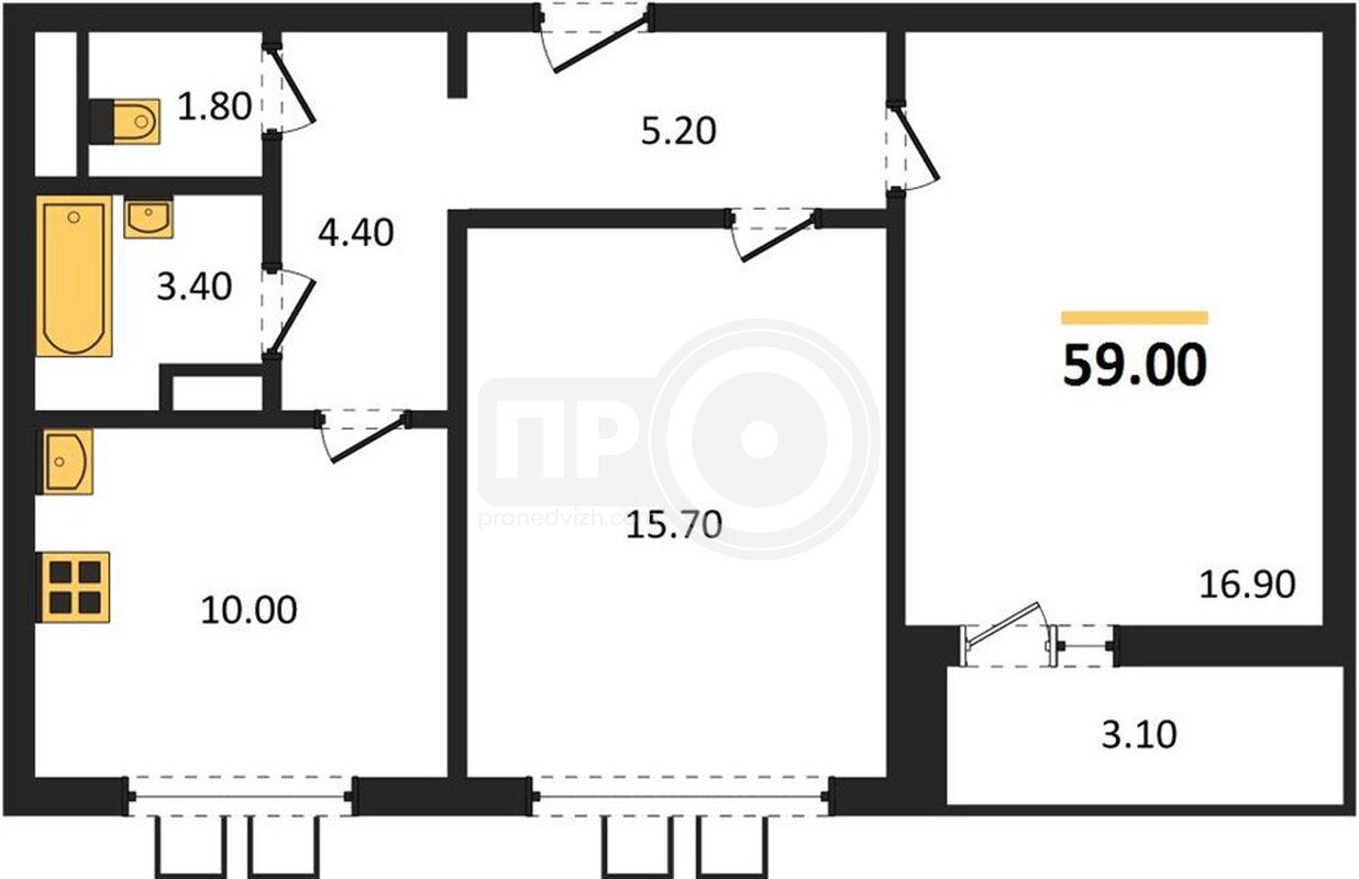 2-комнатная квартира, 59кв.м