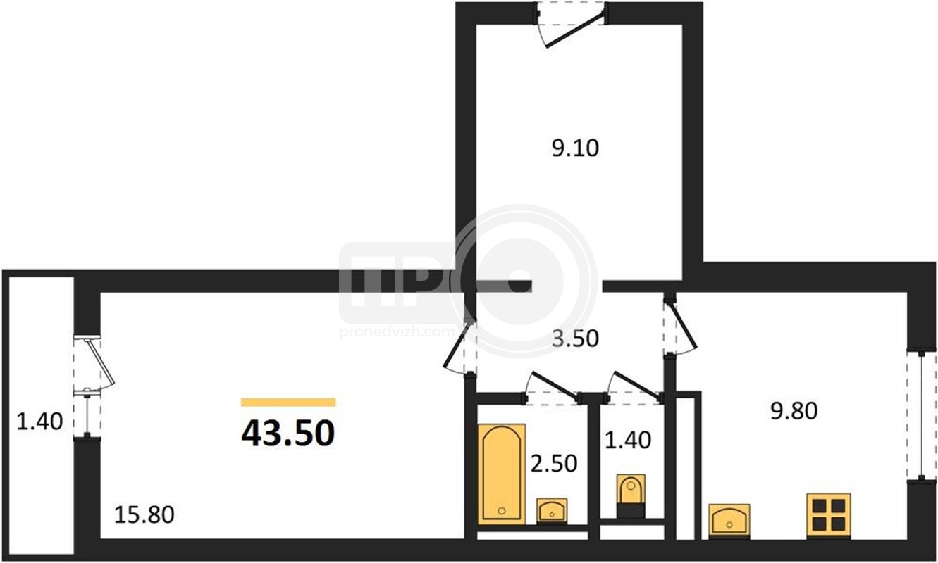 1-комнатная квартира, 43.5кв.м
