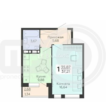 Миниатюра 1к, 2/17 М, Россия, Воронеж, Московский проспект, 122, 37.5 кв.м