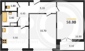 Миниатюра 2-комнатная квартира, 58.8кв.м
