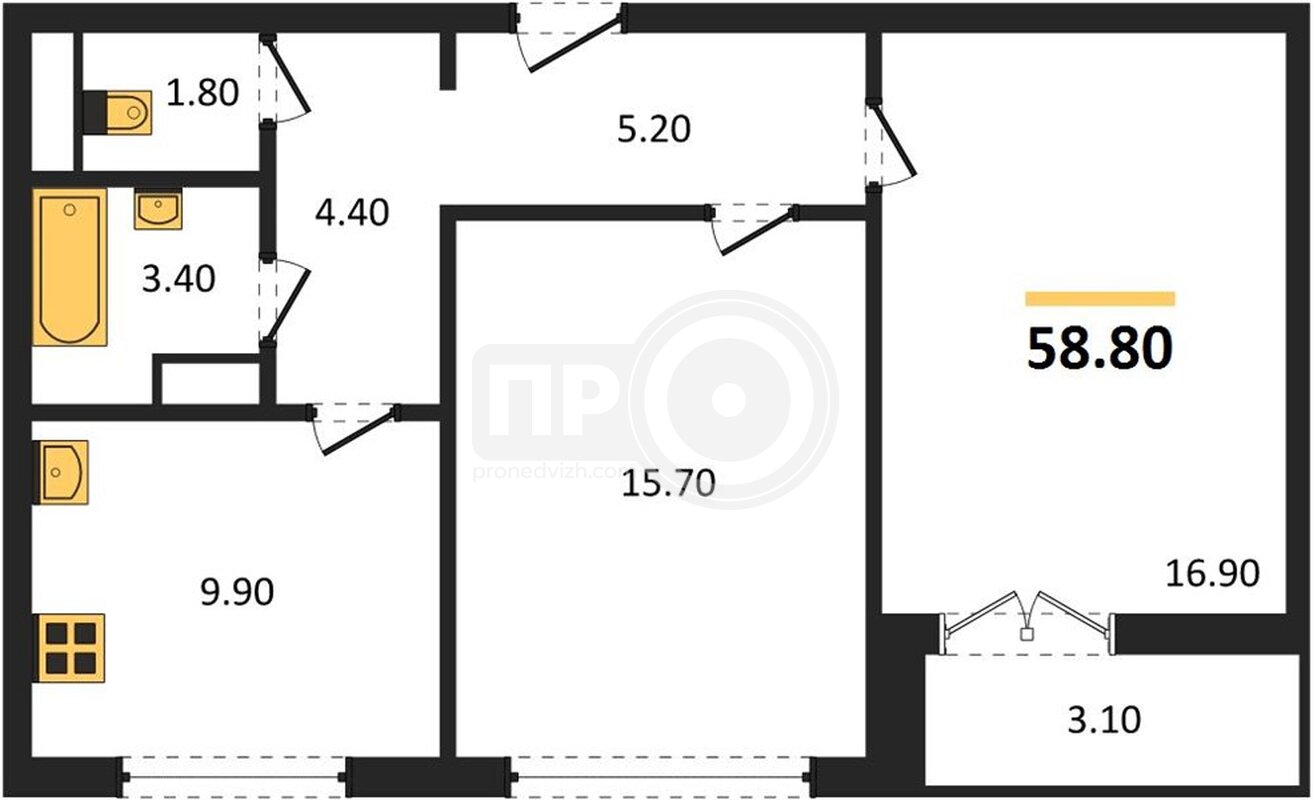 2-комнатная квартира, 58.8кв.м