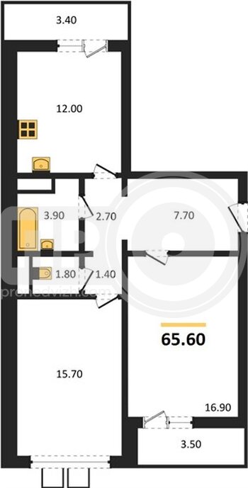 Миниатюра 2-комнатная квартира, 65.6кв.м