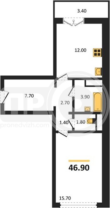 Миниатюра 1-комнатная квартира, 46.9кв.м
