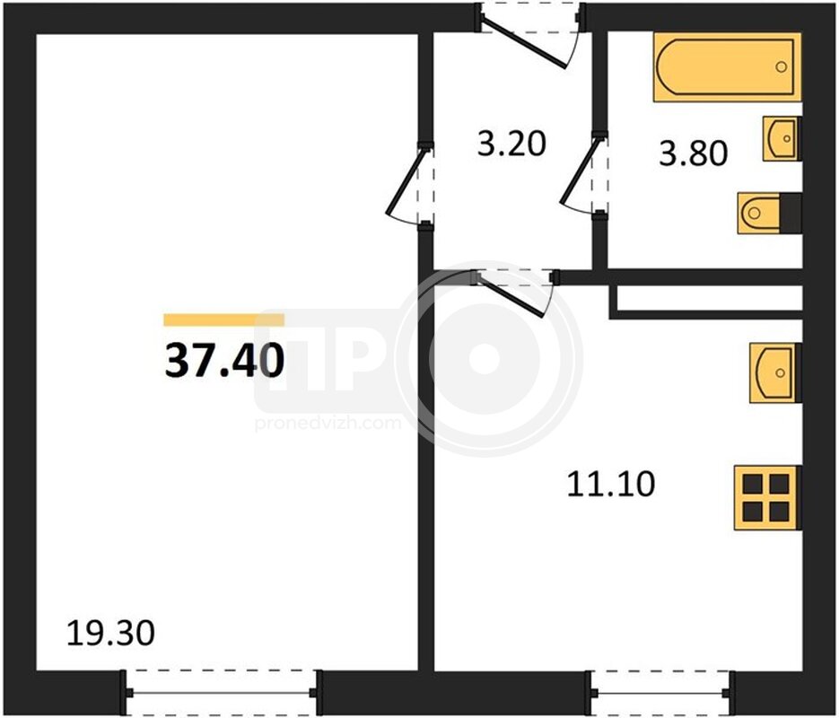 1-комнатная квартира, 37.4кв.м