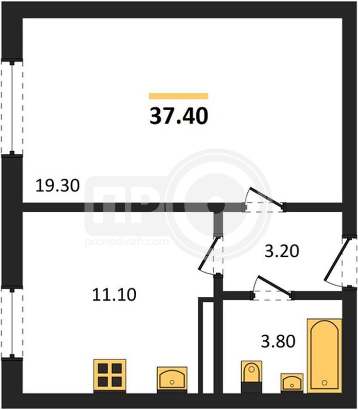 1-комнатная квартира, 37.4кв.м