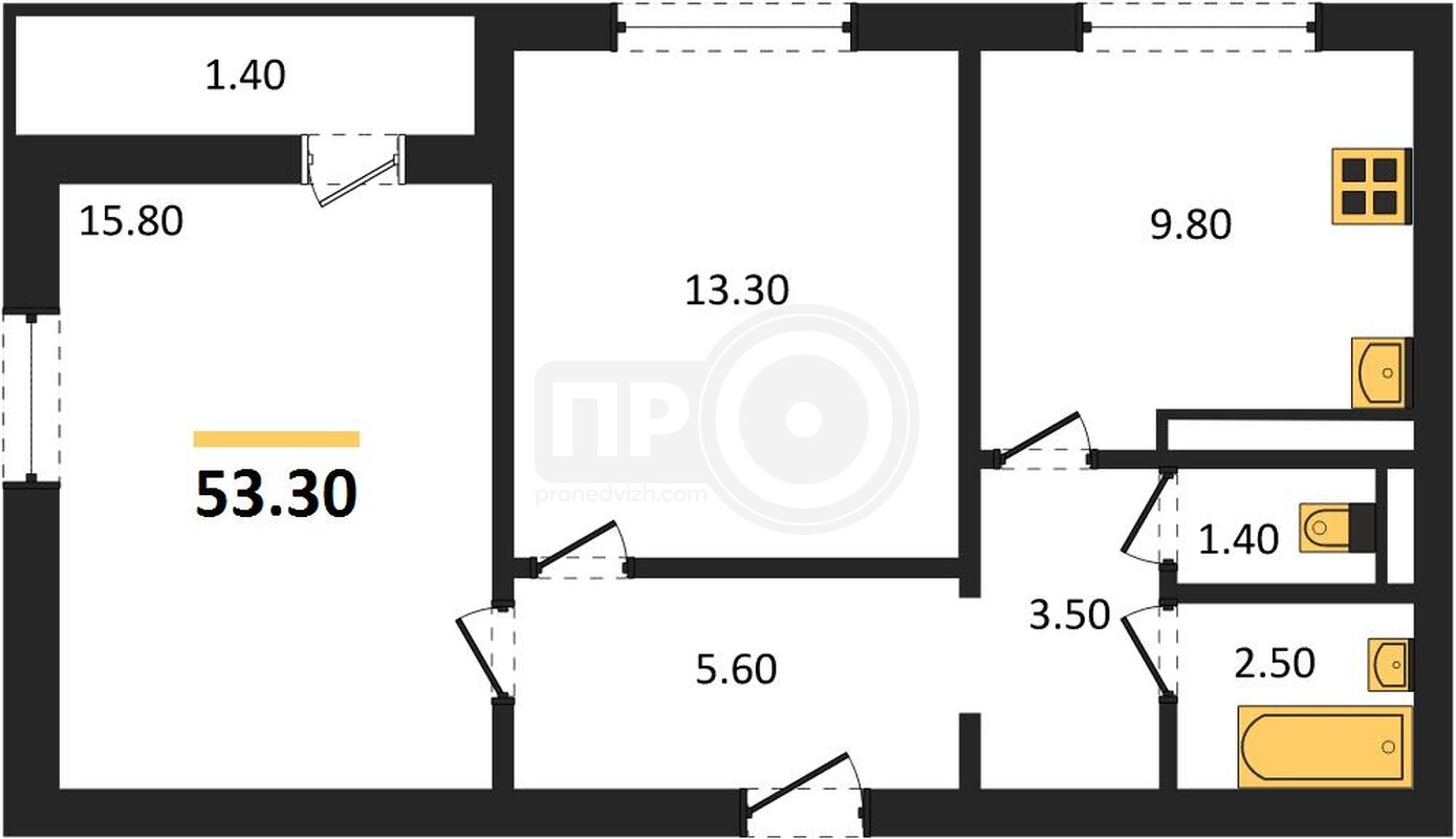 2-комнатная квартира, 53.3кв.м
