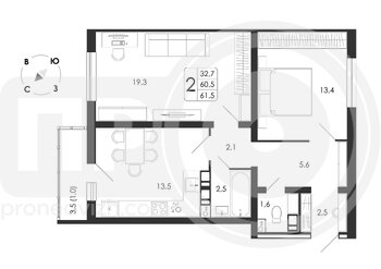 Миниатюра 2-комнатная квартира, 61.5кв.м