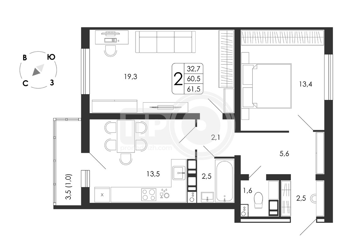 2-комнатная квартира, 61.5кв.м