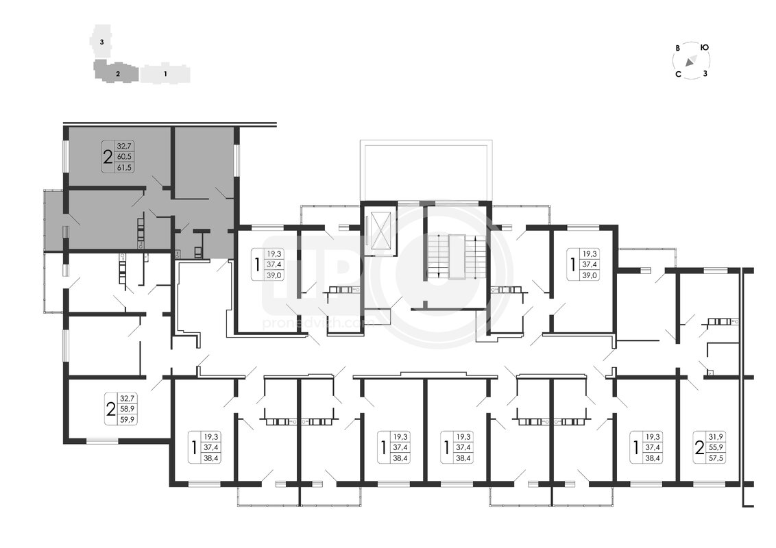 2-комнатная квартира, 61.5кв.м