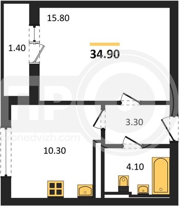 Миниатюра 1-комнатная квартира, 34.9кв.м
