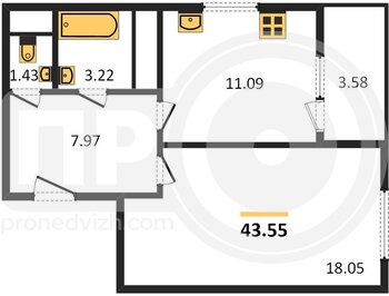 Миниатюра 1-комнатная квартира, 43.55кв.м