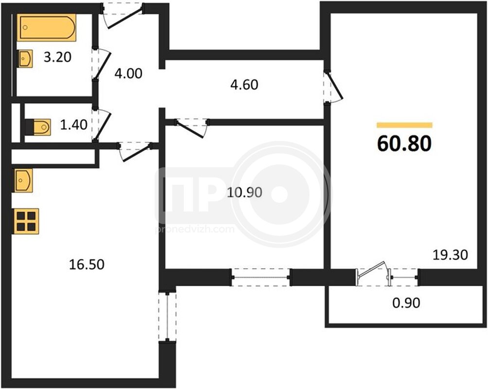 2-комнатная квартира, 60.8кв.м