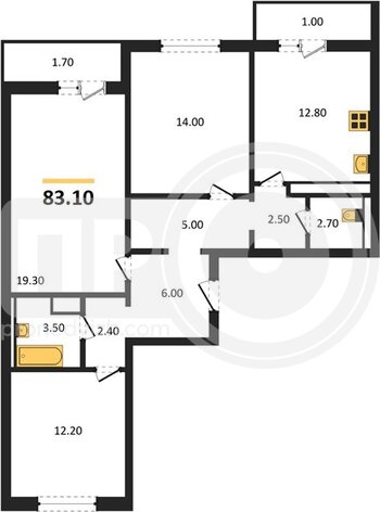 Миниатюра 3-комнатная квартира, 83.1кв.м
