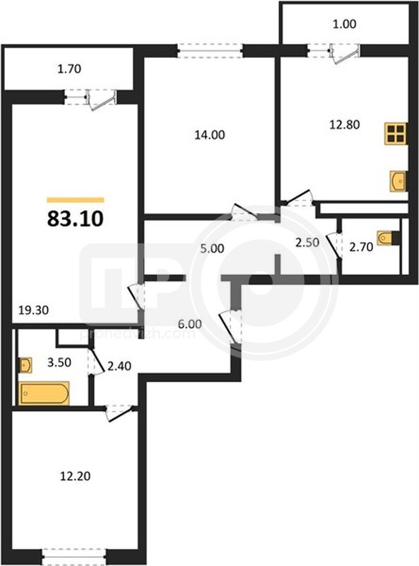3-комнатная квартира, 83.1кв.м