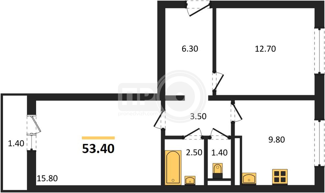 2-комнатная квартира, 53.4кв.м