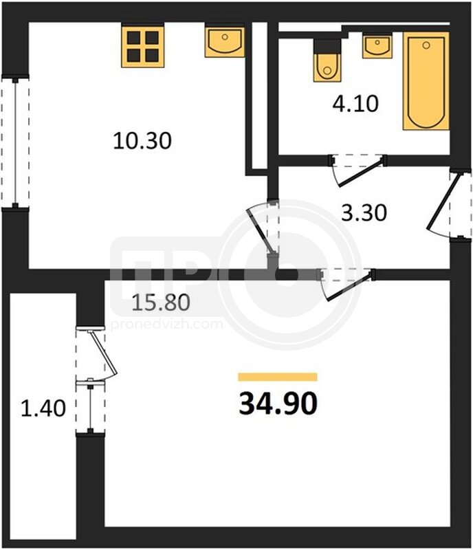 1-комнатная квартира, 34.9кв.м