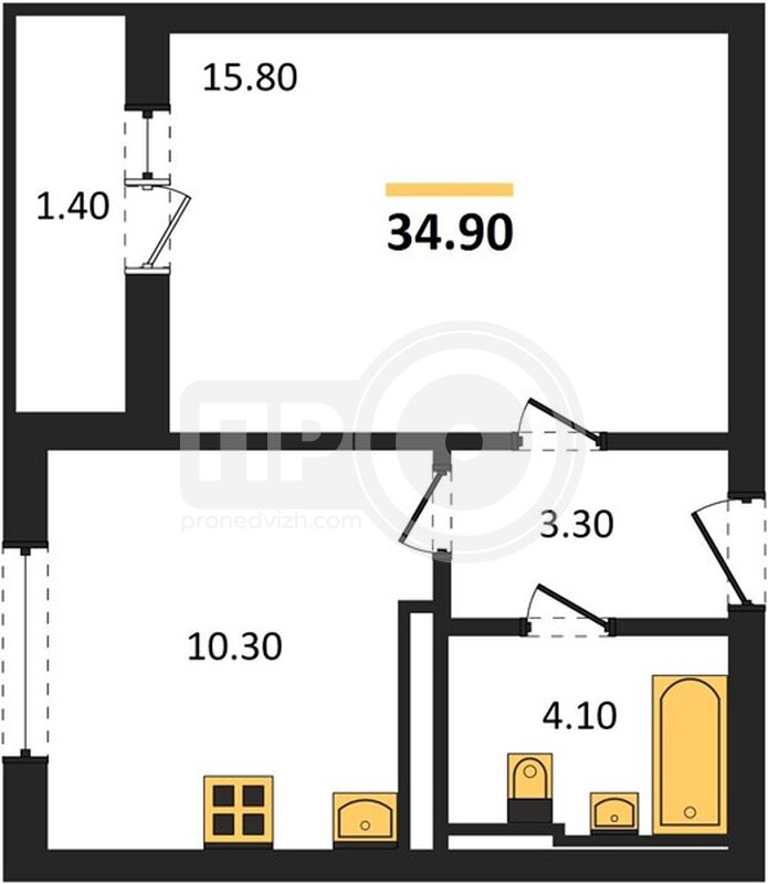 1-комнатная квартира, 34.9кв.м