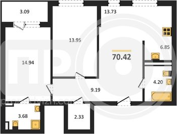Миниатюра 2-комнатная квартира, 70.42кв.м