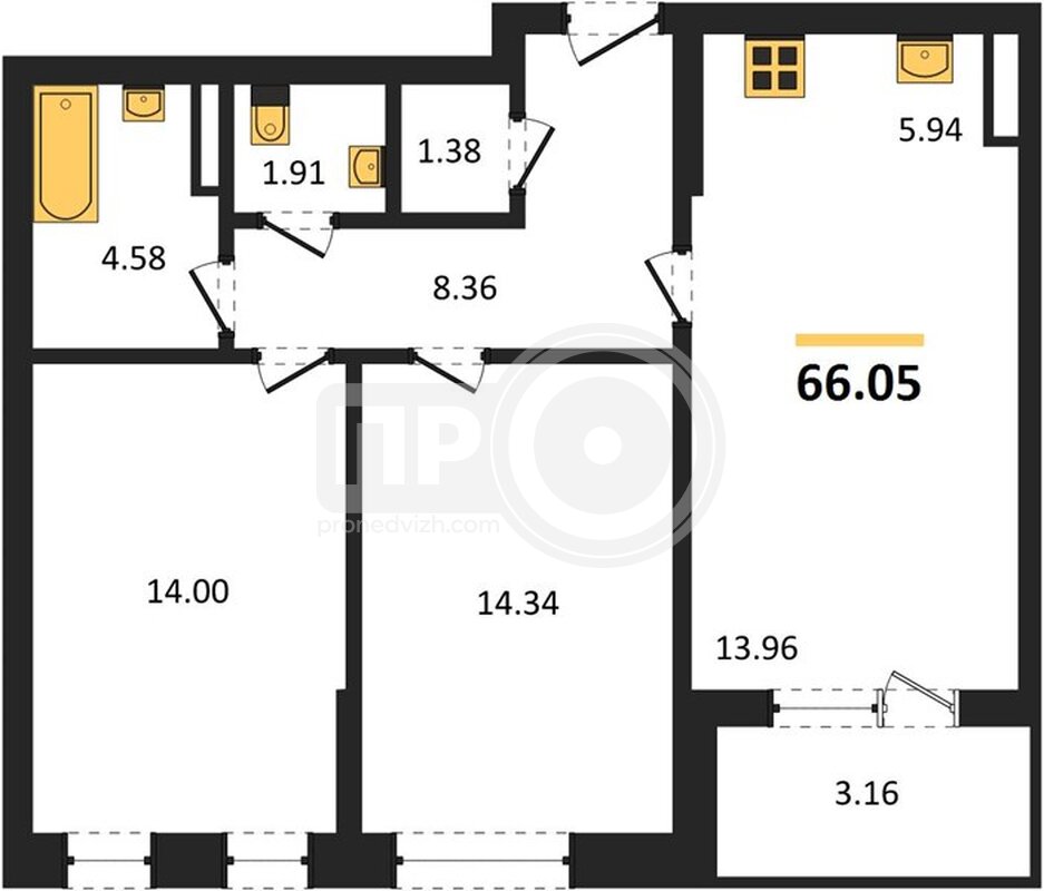 2-комнатная квартира, 66.05кв.м