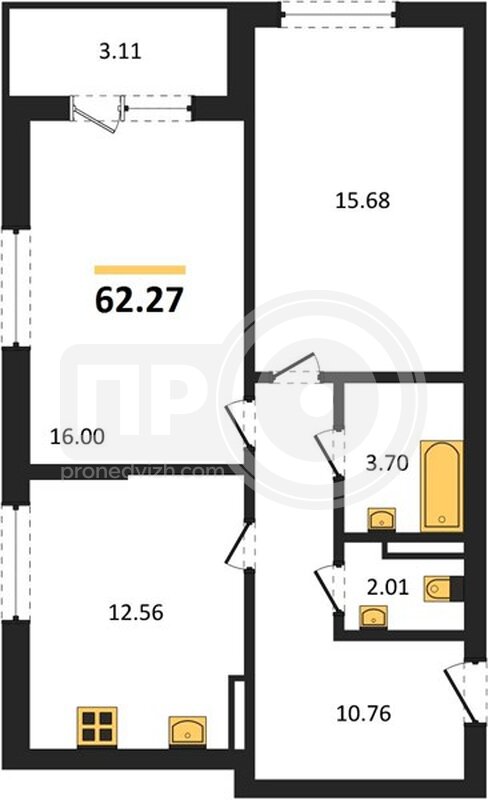 2-комнатная квартира, 62.27кв.м