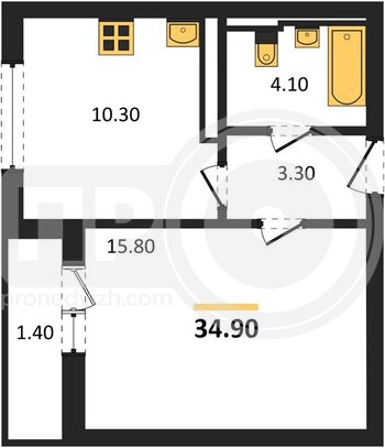 Миниатюра 1-комнатная квартира, 34.9кв.м