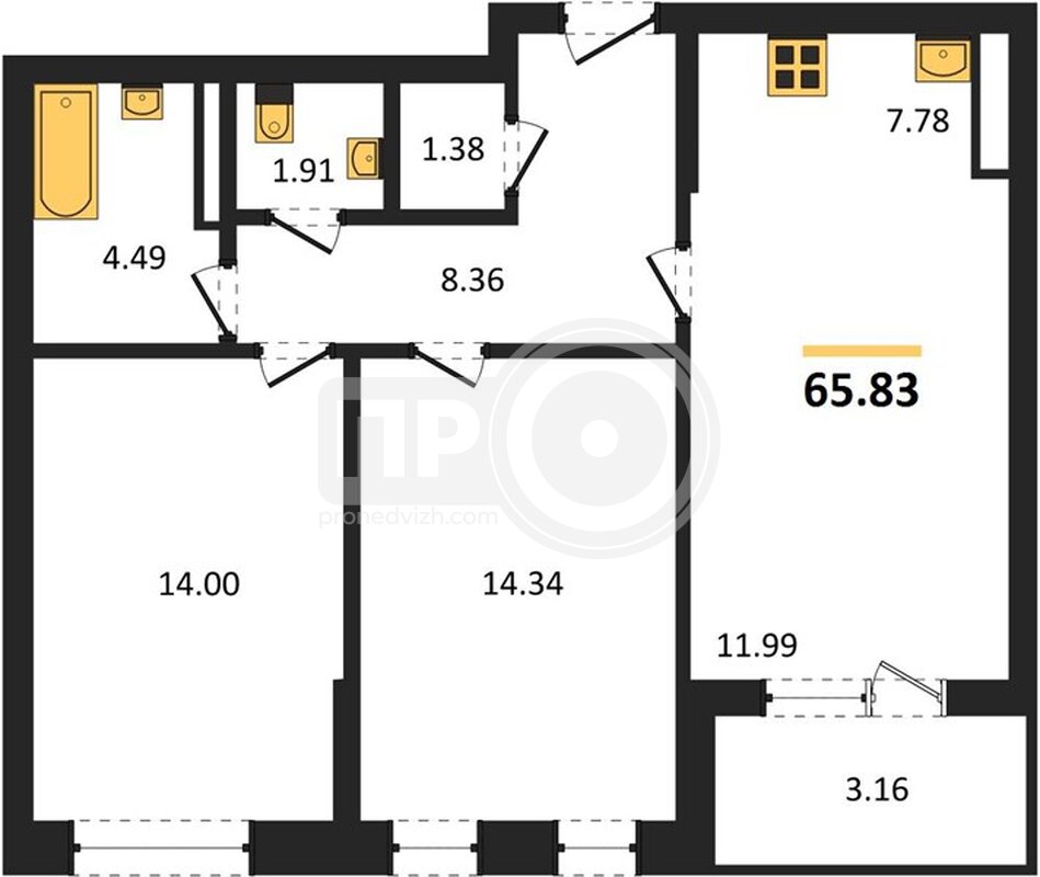 2-комнатная квартира, 65.83кв.м