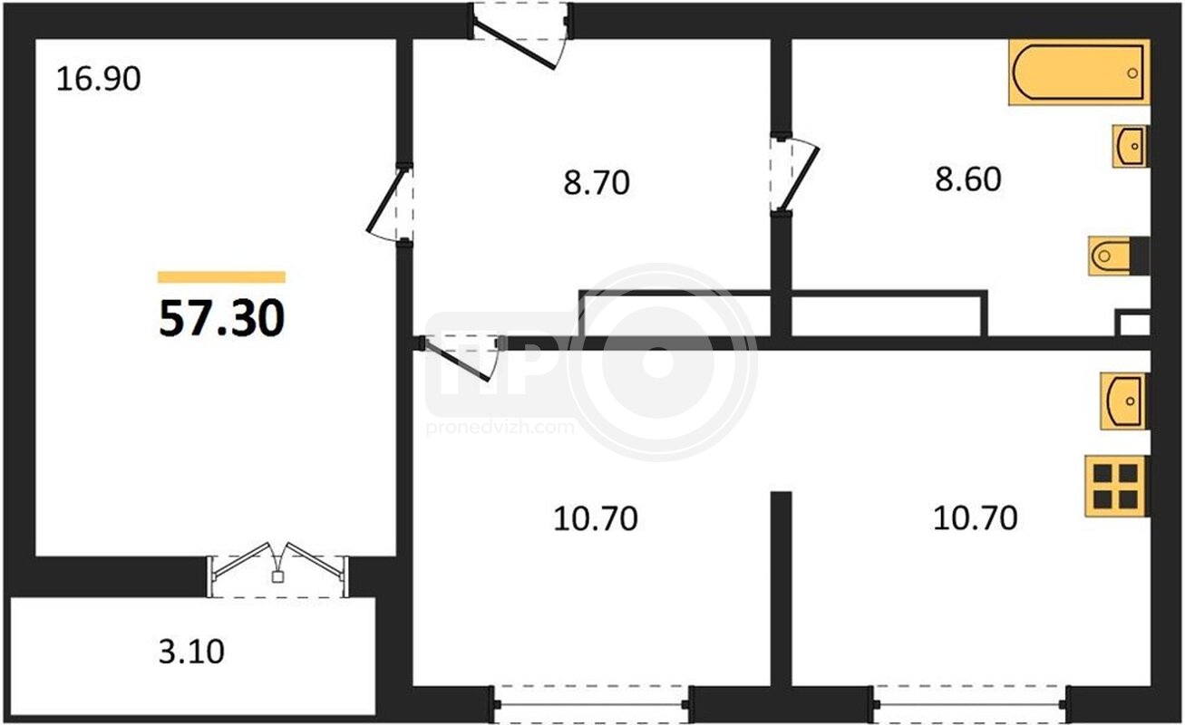 1-комнатная квартира, 57.3кв.м