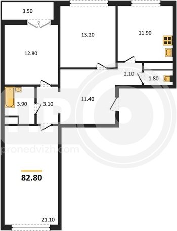 Миниатюра 3-комнатная квартира, 82.8кв.м