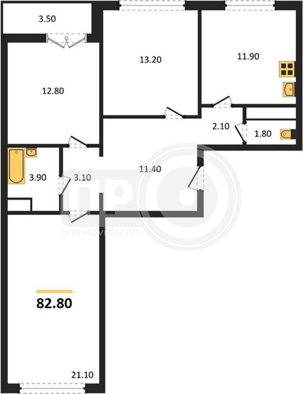 3-комнатная квартира, 82.8кв.м