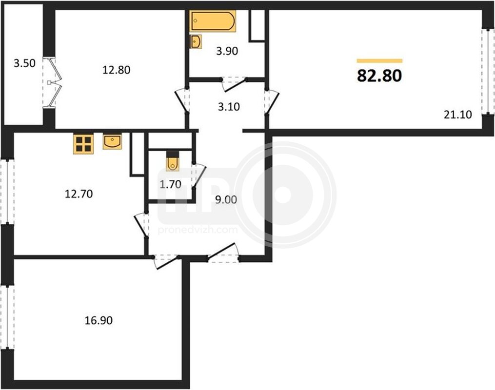 3-комнатная квартира, 82.8кв.м