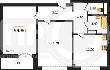 Миниатюра 2-комнатная квартира, 59.8кв.м