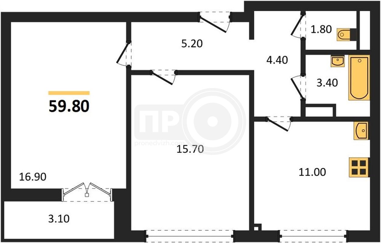 2-комнатная квартира, 59.8кв.м