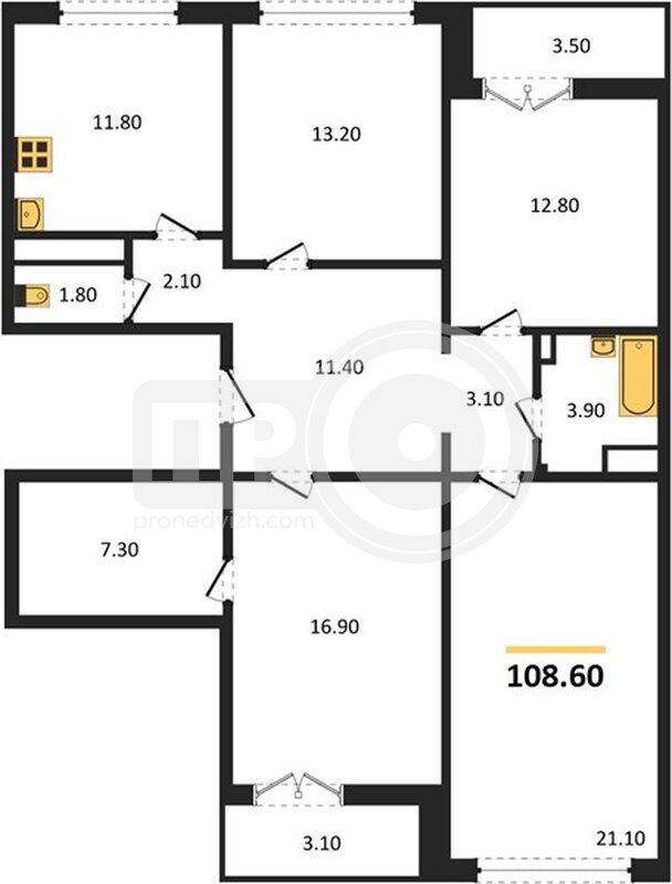 4-комнатная квартира, 108.6кв.м