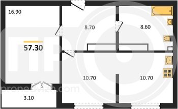Миниатюра 1-комнатная квартира, 57.3кв.м