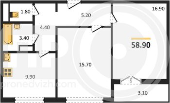 Миниатюра 2-комнатная квартира, 58.9кв.м