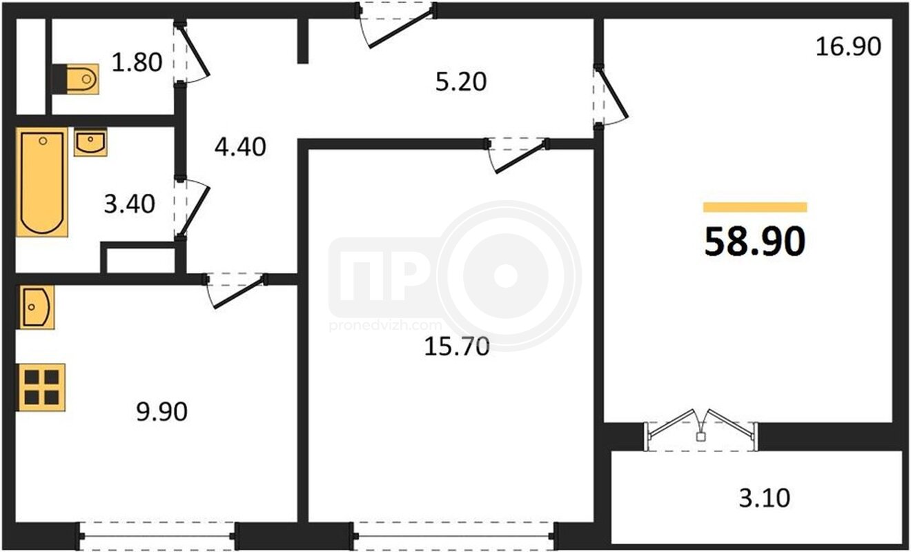 2-комнатная квартира, 58.9кв.м