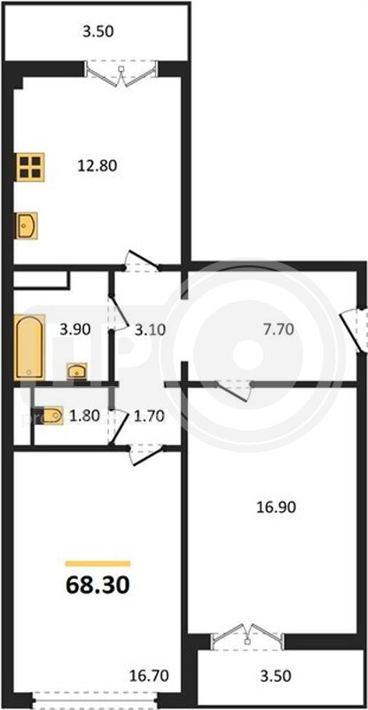 2-комнатная квартира, 68.3кв.м