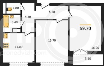 Миниатюра 2-комнатная квартира, 59.7кв.м