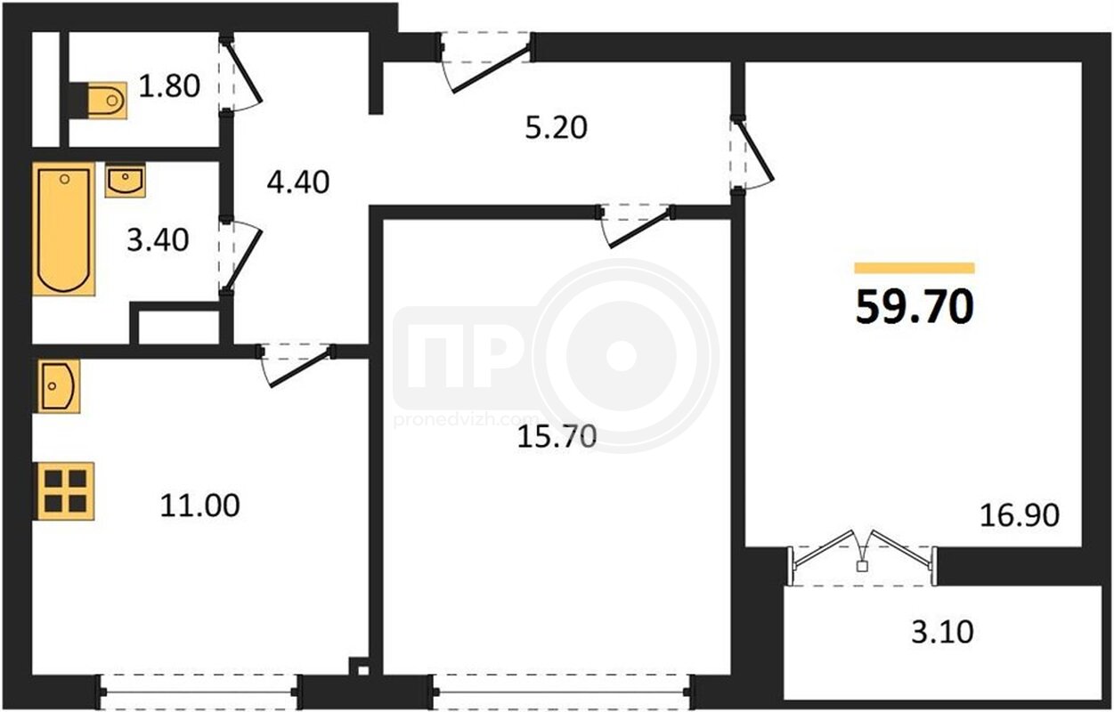 2-комнатная квартира, 59.7кв.м