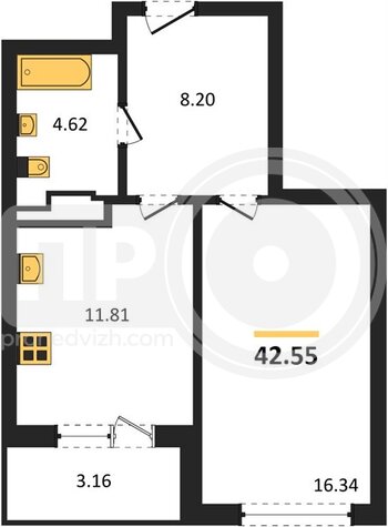 Миниатюра 1-комнатная квартира, 42.55кв.м