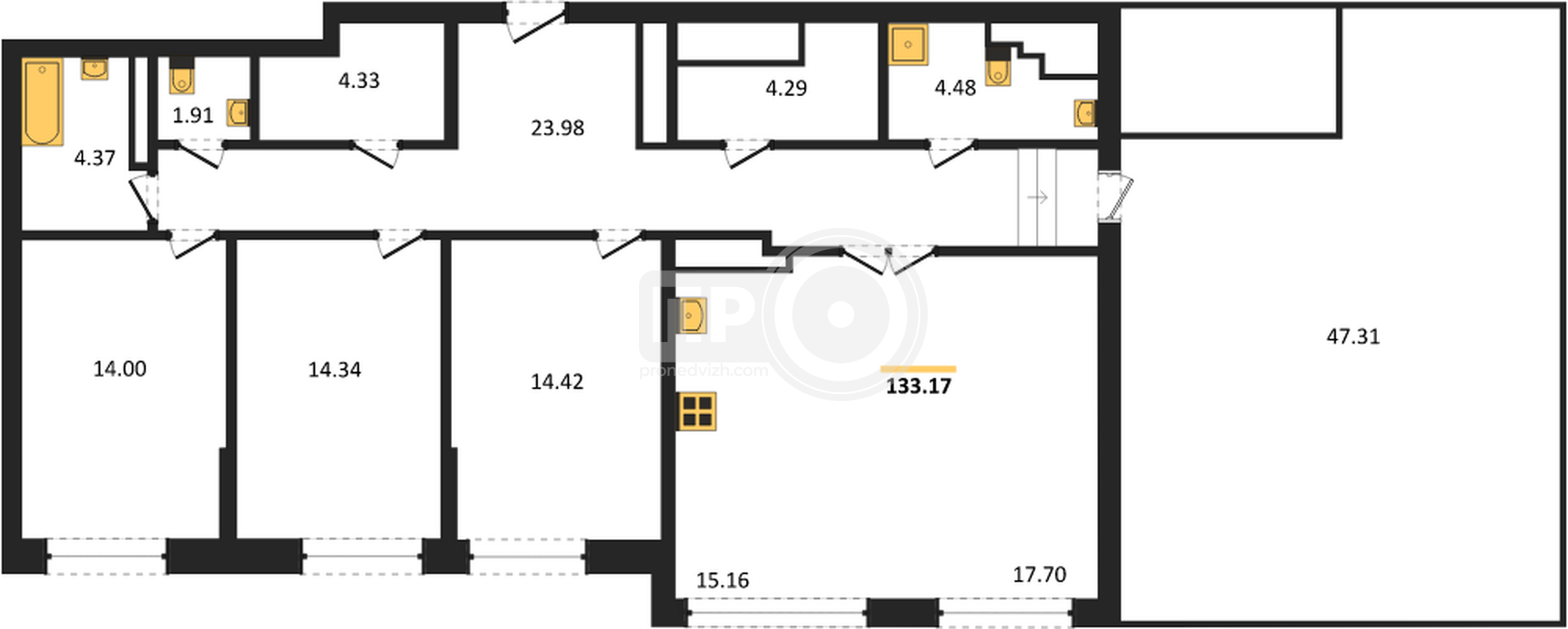 3-комнатная квартира, 133.17кв.м