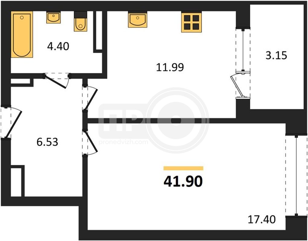 1-комнатная квартира, 41.9кв.м