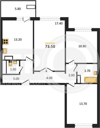 Миниатюра 3-комнатная квартира, 73.5кв.м