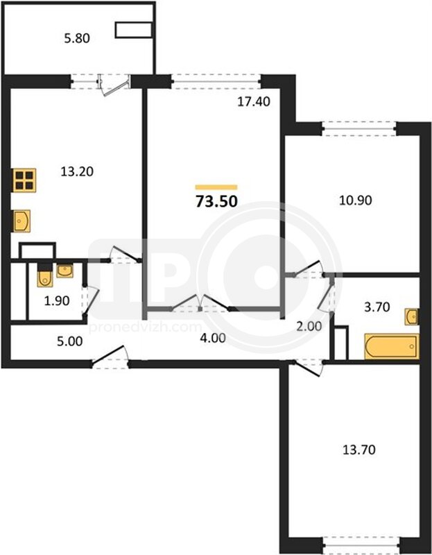 3-комнатная квартира, 73.5кв.м
