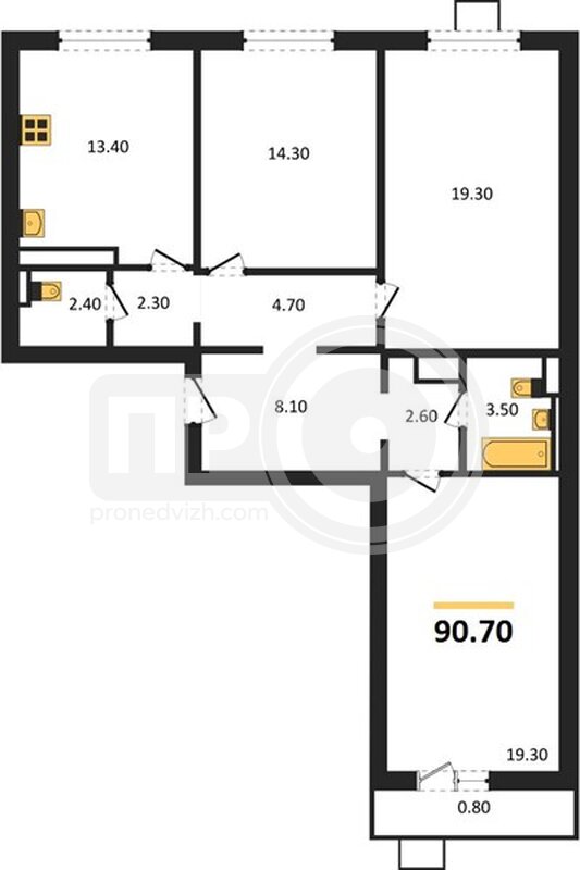 3-комнатная квартира, 90.7кв.м