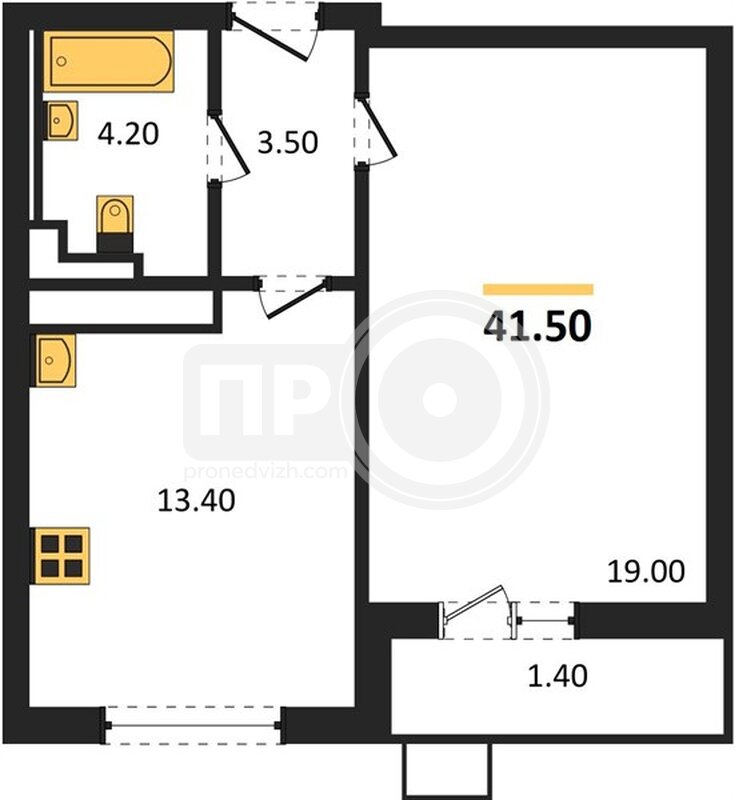 1-комнатная квартира, 41.5кв.м