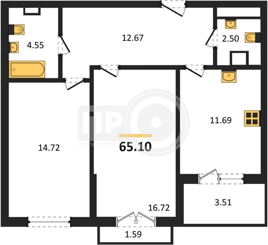 2-комнатная квартира, 65.1кв.м